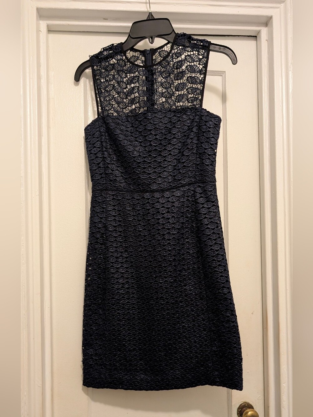 Diane Von Furstenberg Navy Strapless Lace Sheath with Illusion Yoke